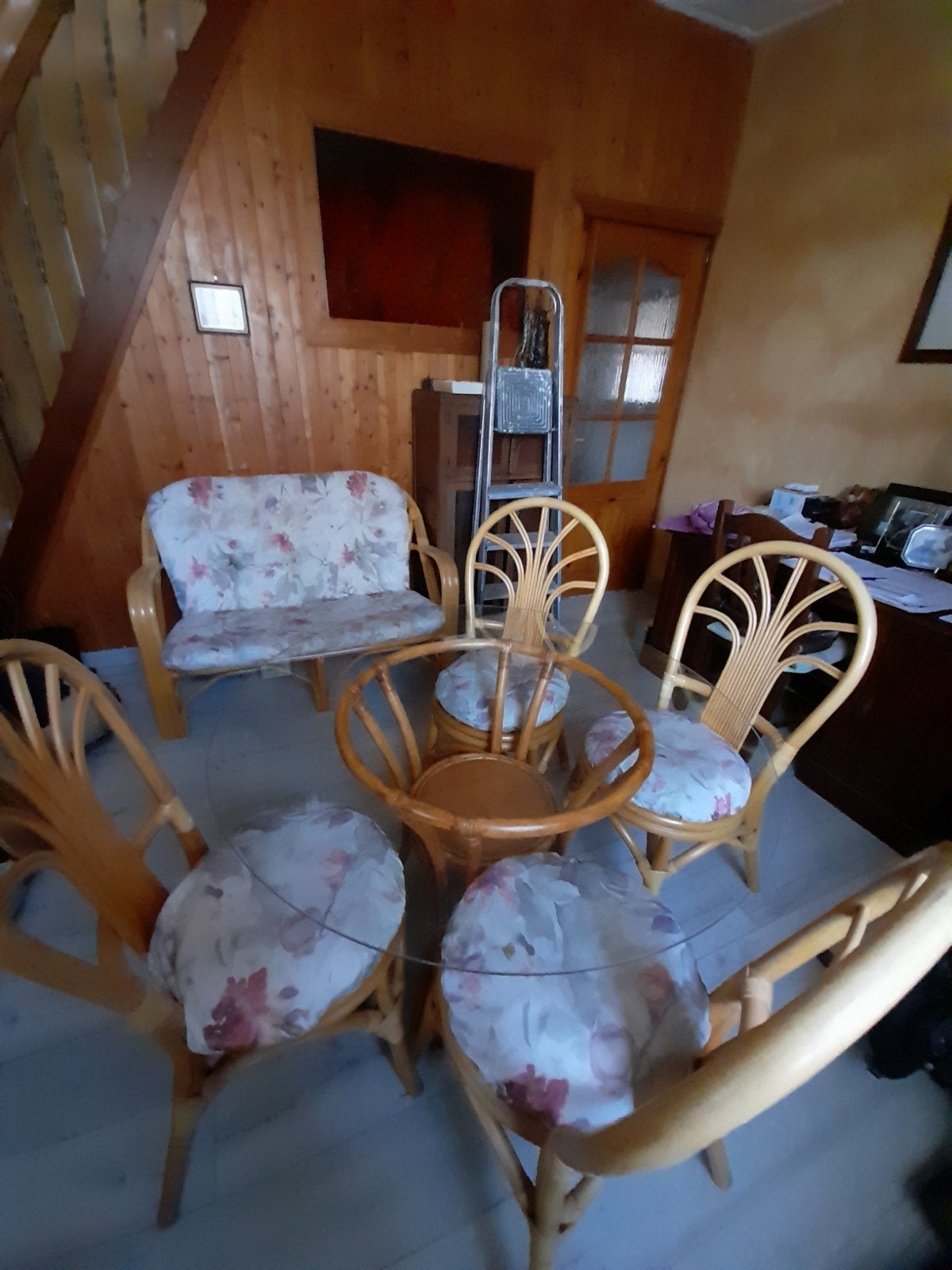 table +4chaise +fauteuil 2 place en bambou, Enlèvement, Comme neuf
