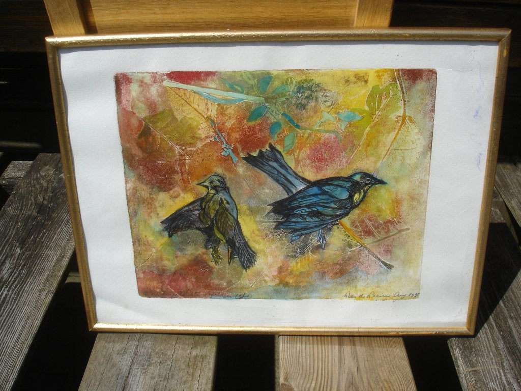 Ets met 2 vogels / kraaien, Antiek en Kunst, Ophalen, 31 cm, Flora en Fauna, 1950 - 1999