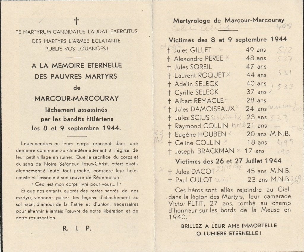 Oorlogslachtoffers  40/45 Marcour Marcouray zie prent, Collections, Images pieuses & Faire-part, Envoi