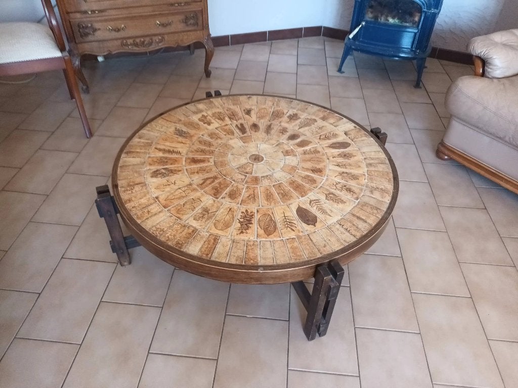 Table basse de salon vintage annees 60 avec mosaïques, Vintage. Peut être art déco, Rond, 50 à 100 cm, Comme neuf