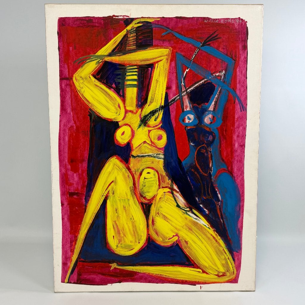 Olieverf op papier ‘fantasised girlfriends’ van Willie Cools, Gesigneerd, Abstract, Papier/karton, Ophalen of Verzenden