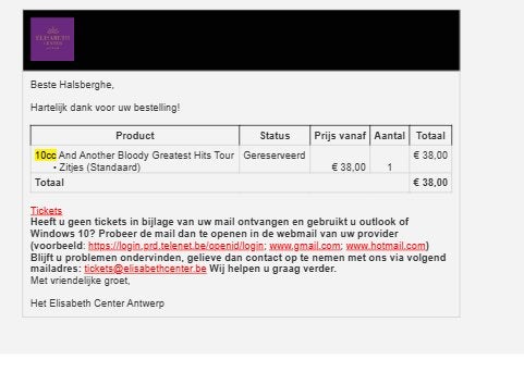 Ticket 10CC Elisabethzaal Antwerpen, Tickets & Billets, Concerts | Autre, Une personne, Juin