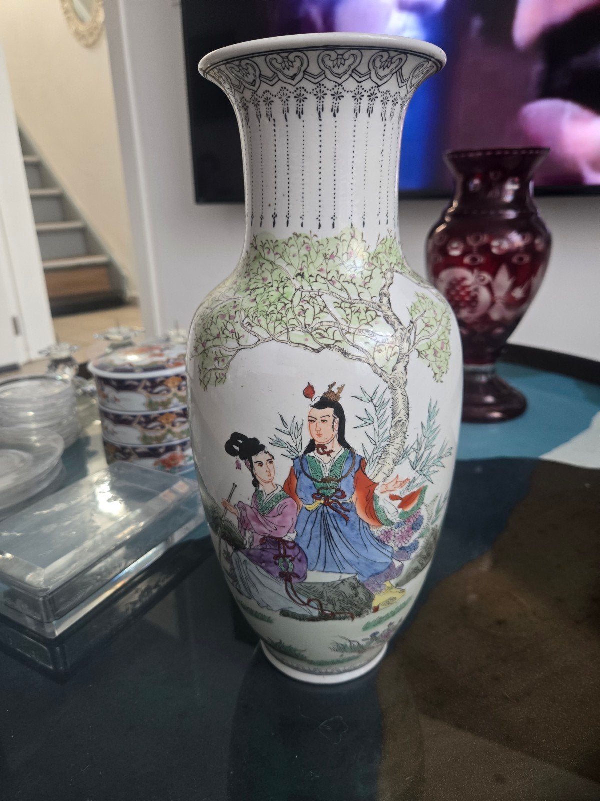 MAGNIFIQUE ANCIEN VASE PORCELAINE PEINT CALLIGRAPHIES CHINOI, Antiquités & Art, Enlèvement