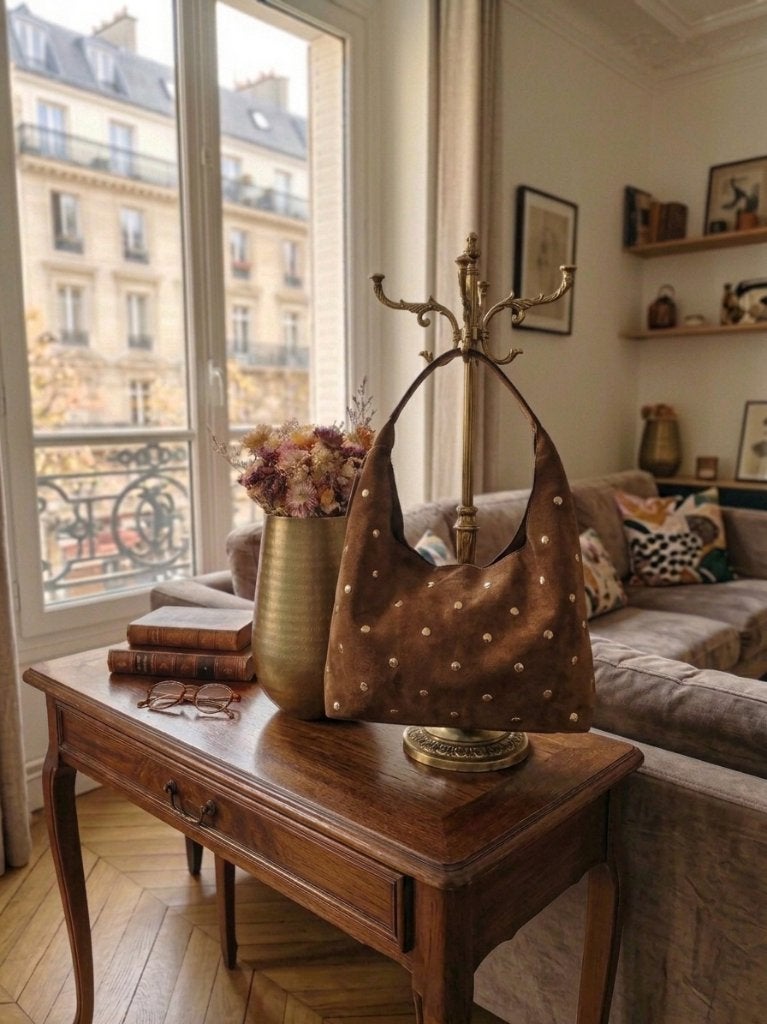 sac cabas hobo en daim marron clouté neuf, Envoi, Neuf, Autres couleurs, Sac à main