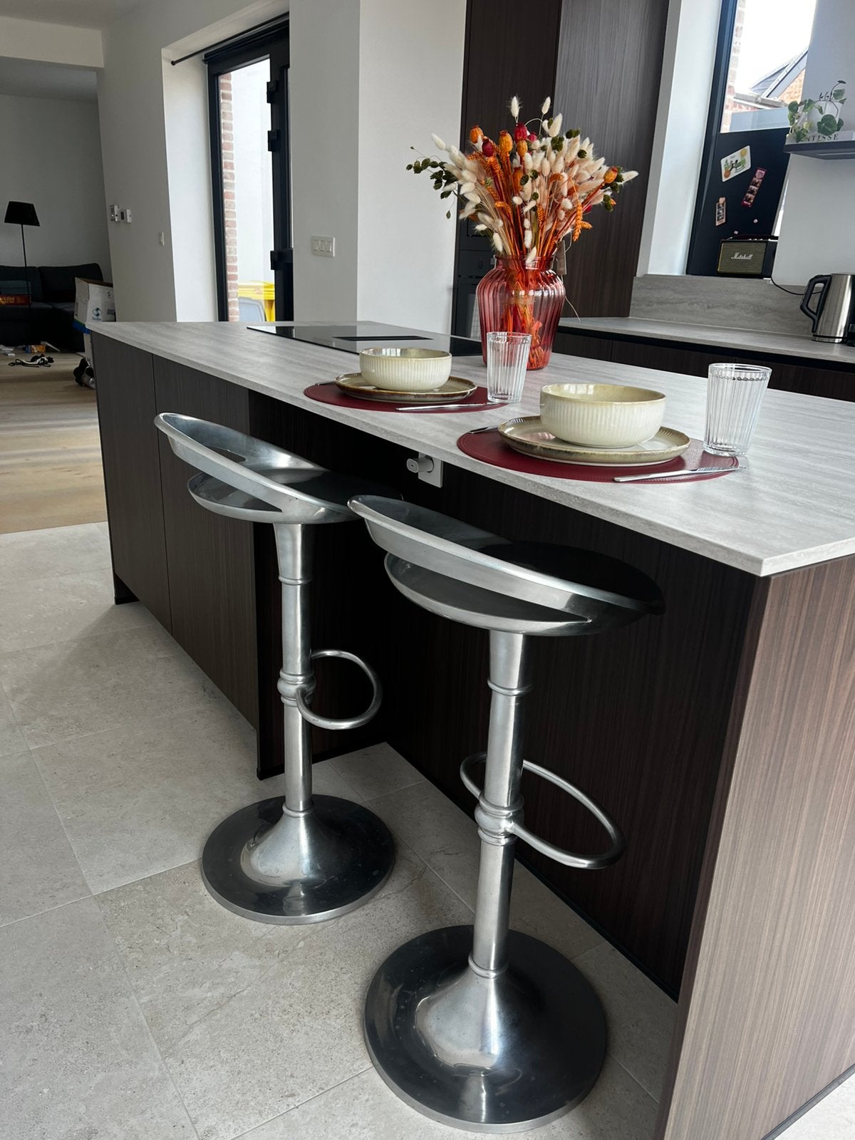 Tabourets de bar en inox, Avec repose-pieds, 2 tabourets, Enlèvement, Utilisé