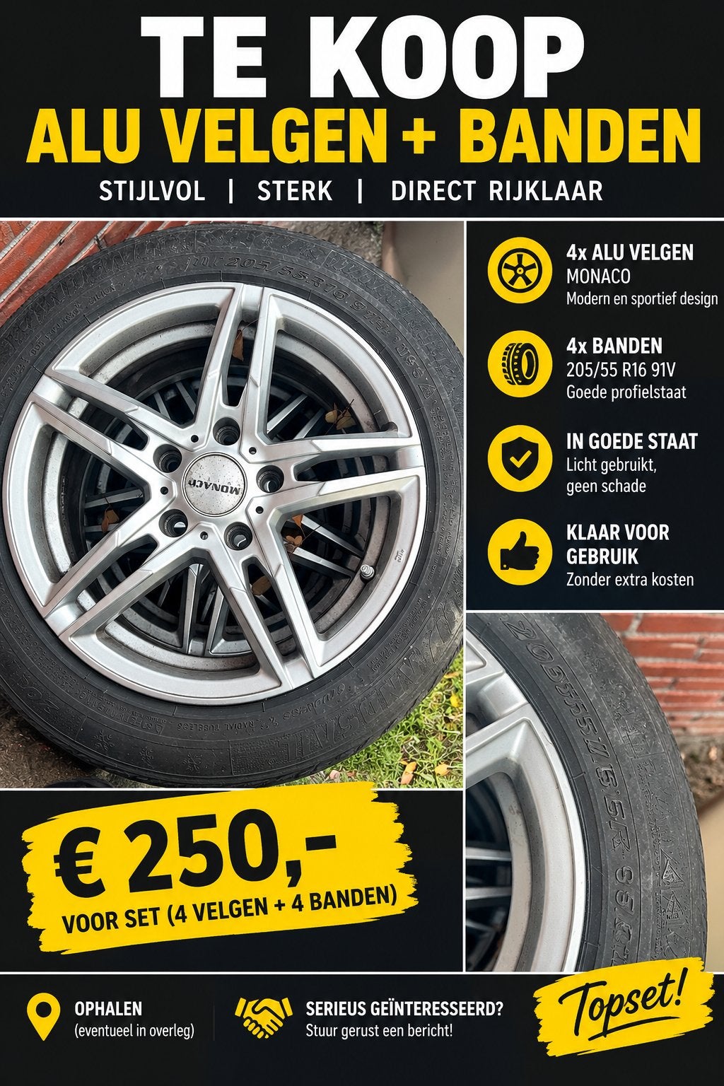 Te koop: 16 inch Monaco alu velgen met banden, Ophalen, 16 inch, Band(en)