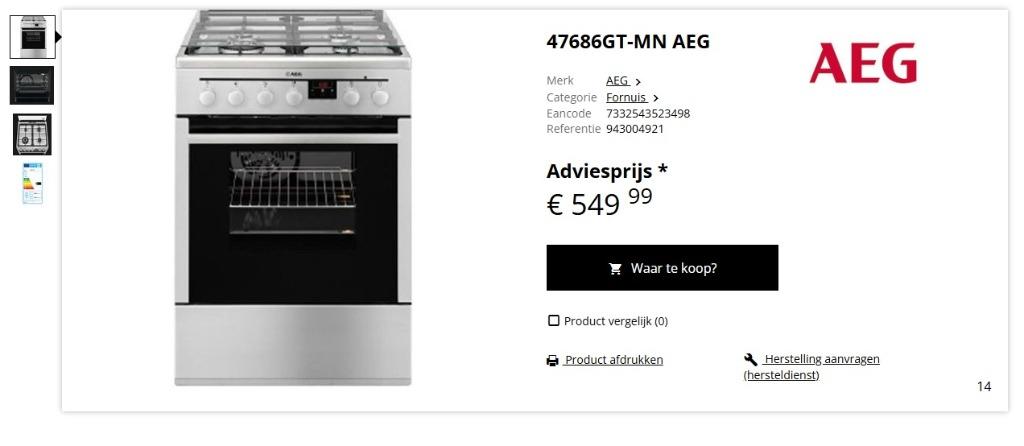 NIEUW !! kookfornuis gas/elek AEG model 47686GT, Ophalen, Nieuw, Wit