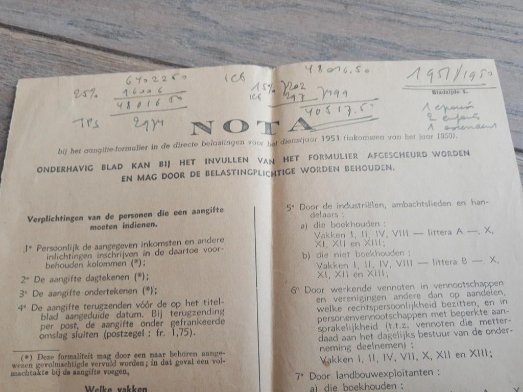 Note de déclaration fiscale, 1951, Enlèvement ou Envoi