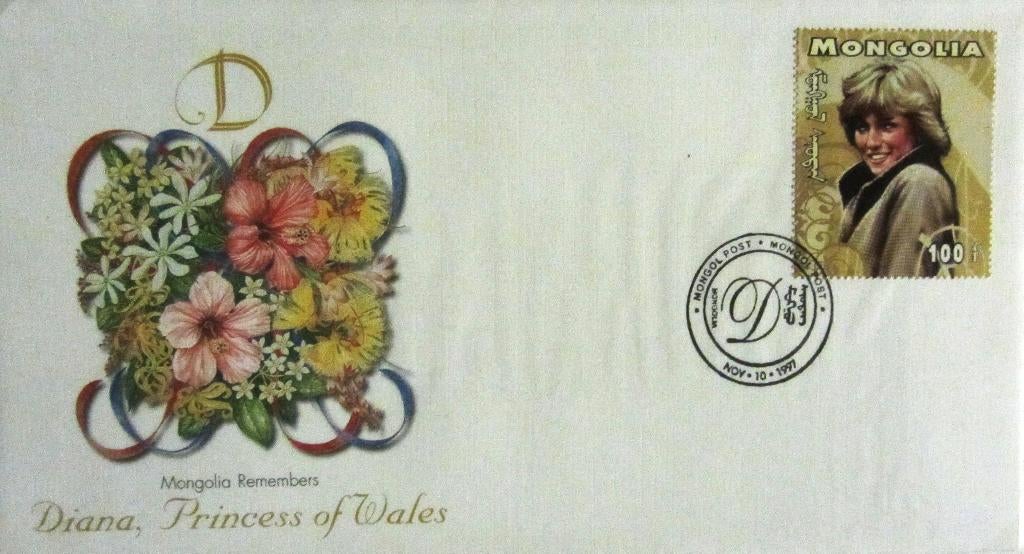GROTE FDC- PRINSES DIANA MET POSTZEGEL MONGOLIA, Ophalen of Verzenden, Gestempeld, Koningshuis