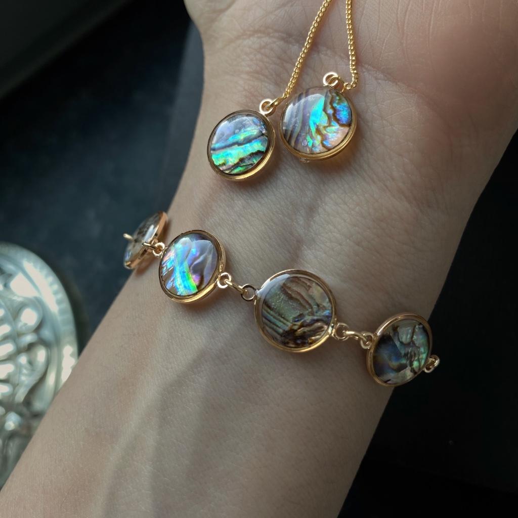 Ensemble de boucles d'oreilles bracelet abalone, Enlèvement ou Envoi, Neuf, Vert, Or