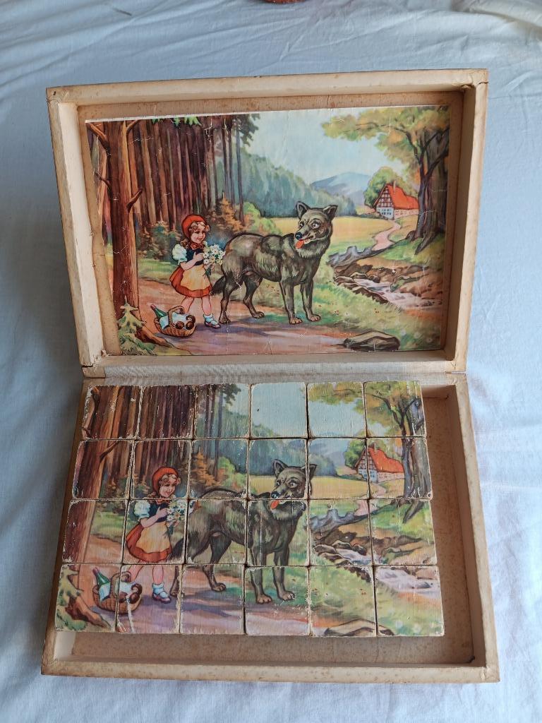 Vintage blokpuzzel sprookjes van Grimm, ca. 1950, 24 blokjes, Ophalen of Verzenden