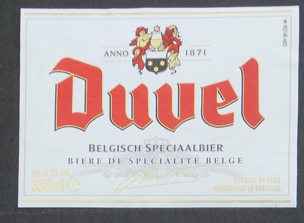 Bieretiket Duvel met engel en duivel brouwerij Moortgat 3u3, Ophalen of Verzenden, Gebruikt, Duvel