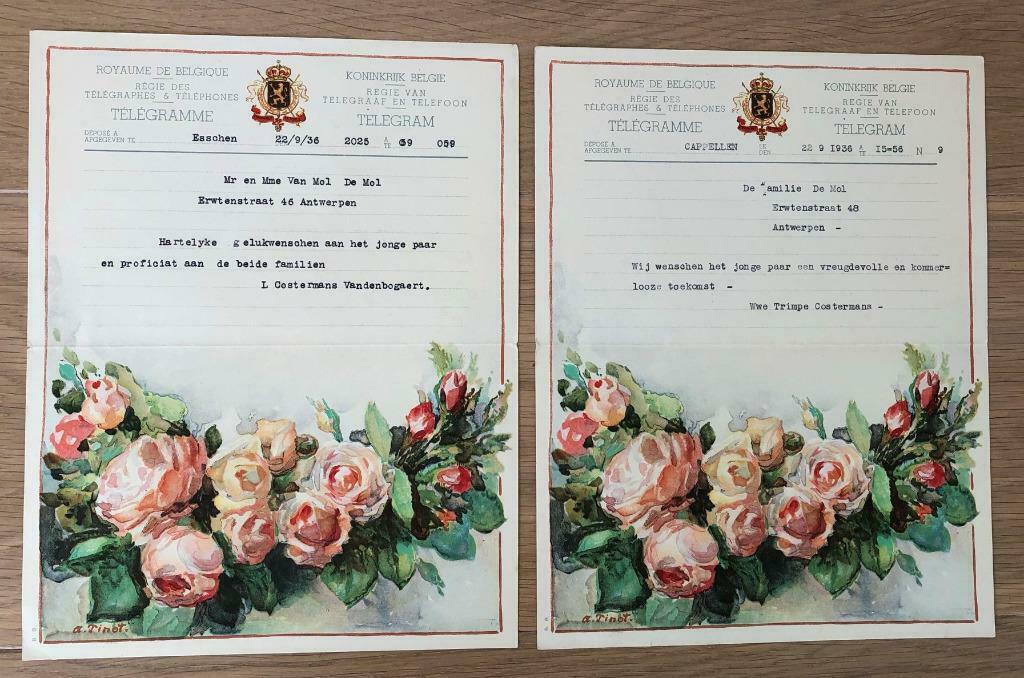 Huwelijkstelegram 22/9/1936 - A. Tinot - Boeket rozen, Verzamelen, Postkaarten | België, Gelopen, Antwerpen, 1920 tot 1940, Ophalen of Verzenden