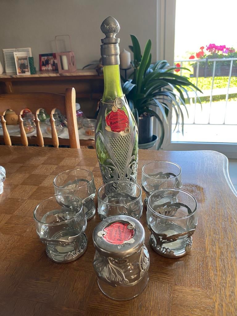 Bouteille et 6 verres étain Postainiers Hutois, Enlèvement, Comme neuf