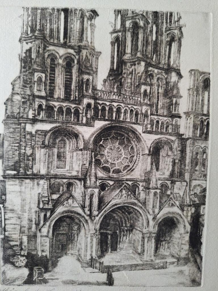 Zeldzame ets Jos Verdegem Kathedraal van Laon, Antiek en Kunst, Kunst | Etsen en Gravures, Stadsgezicht, Ophalen of Verzenden