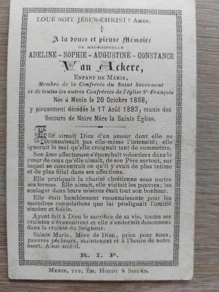 oud doodsprentje Menen 1893, Verzenden