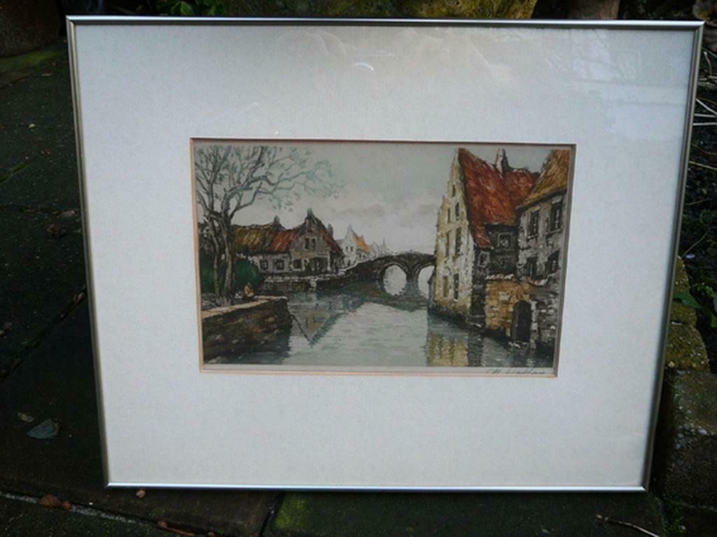Kleurenets - 'Zicht op Brugge' -gesigneerd- circa 1930 -, Ophalen