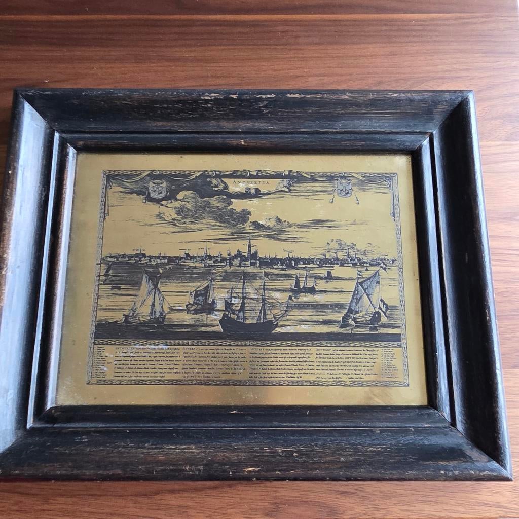 Antverpia - gravure op metaal in houten kader, Ophalen of Verzenden