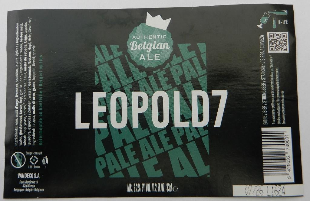 Bieretiket Leopold 7 Brouwerij Vandecq S.A. (12c8), Verzamelen, Ophalen of Verzenden, Gebruikt