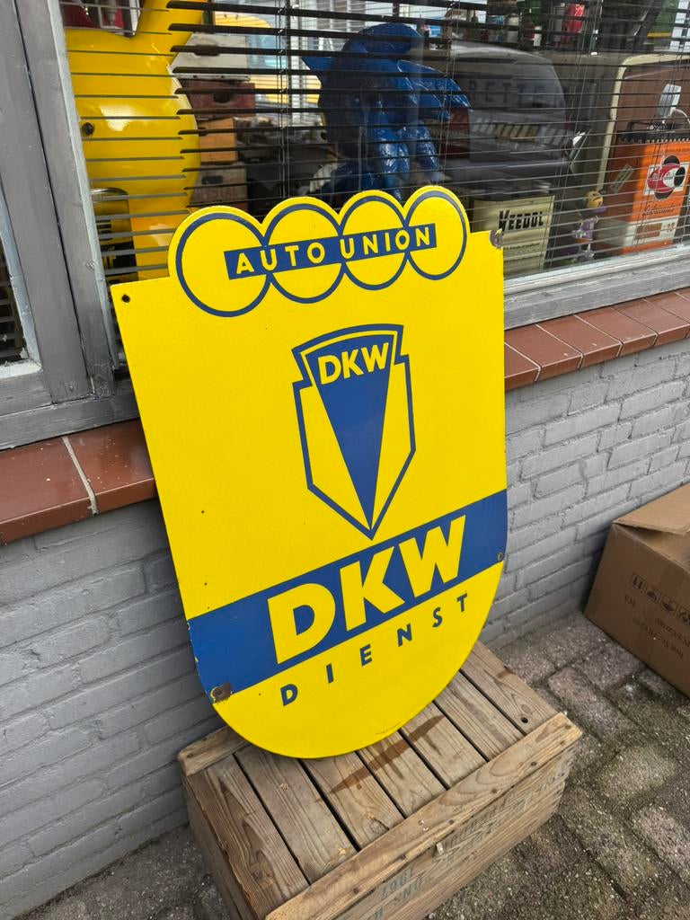 Groot DKW - Auto Union emaille reclamebord, Ophalen, Gebruikt, Reclamebord