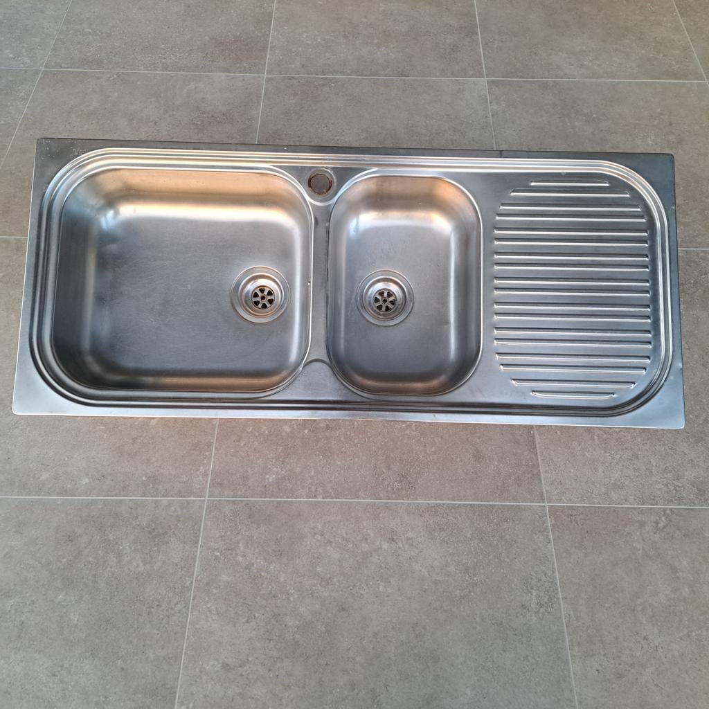 Dubbele spoelbak met aanrecht. Afmetingen op foto, Ophalen, Gebruikt, Inox, Overige typen