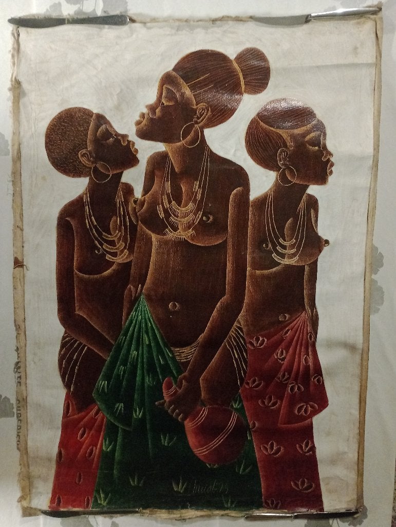 Tableau Zaïre 1979 Muabi Peinture Nu Sac Farine Matadi, Antiquités & Art, Enlèvement ou Envoi, Vintage, Impression