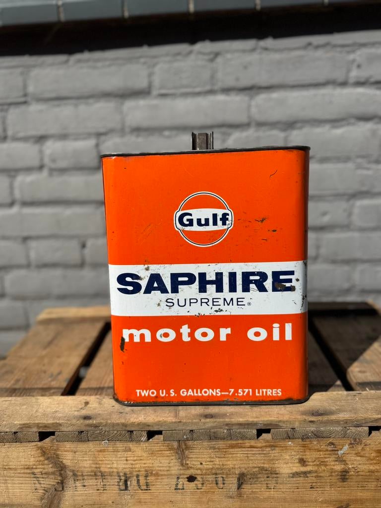 Gulf Saphire oud olie blik motor oil, Ophalen of Verzenden, Gebruikt, Verpakking