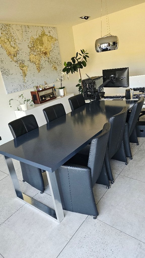 Moderne eettafel met 6 stoelen, Ophalen, Gebruikt, 100 tot 150 cm, 200 cm of meer