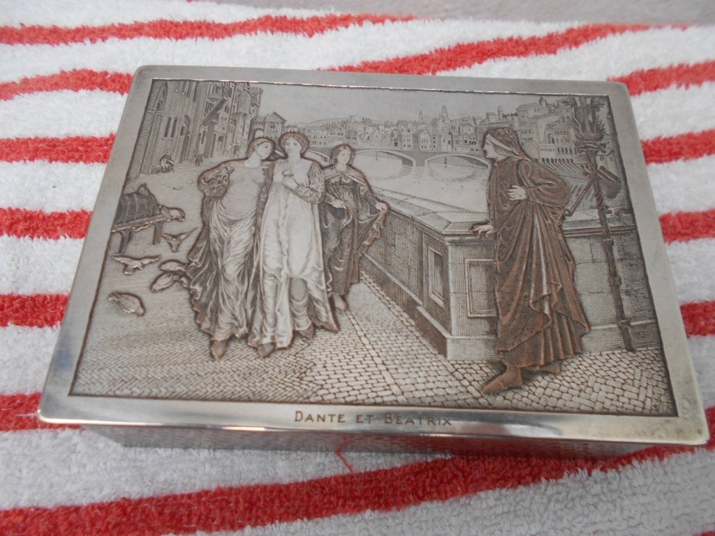sigaretten doos ZILVER/VERZILVERD DANTE en BEATRIX, Antiek en Kunst, Ophalen of Verzenden, Zilver