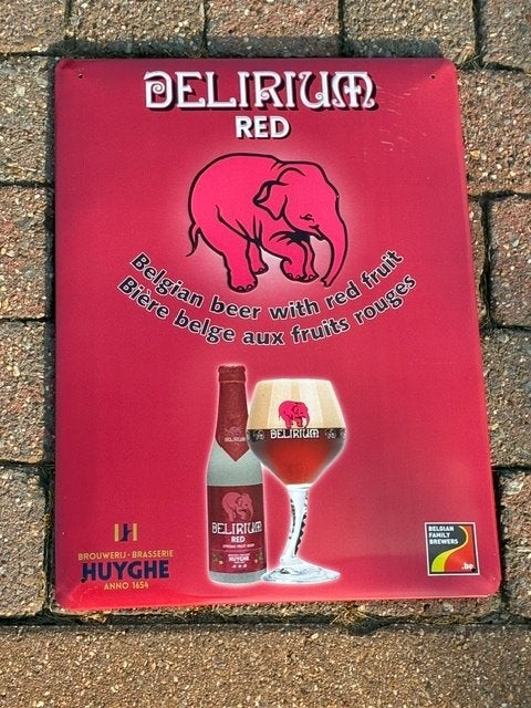 Licht metalen plakkaat Delirium Red, Verzamelen, Ophalen of Verzenden, Gebruikt, Reclamebord