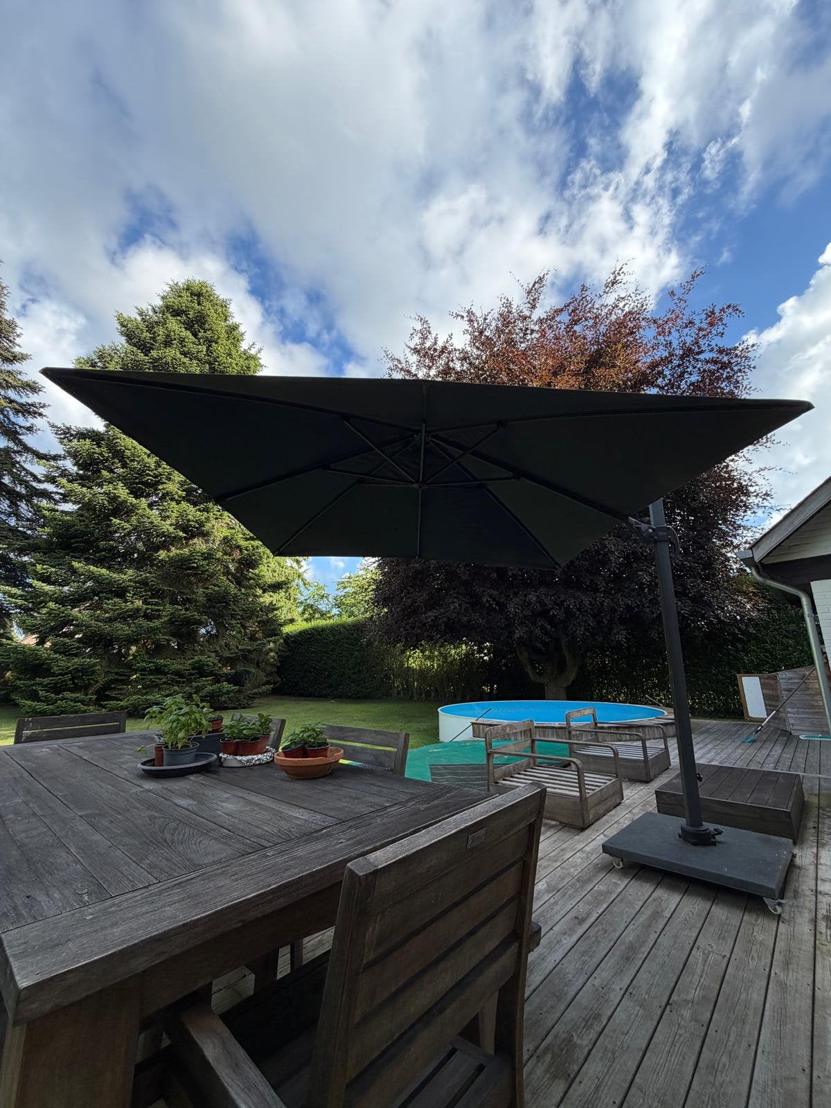 Parasol déporté Gescova 300 x 300 cm avec pied en granit, Enlèvement, Comme neuf, Parasol sur pied, Étanche