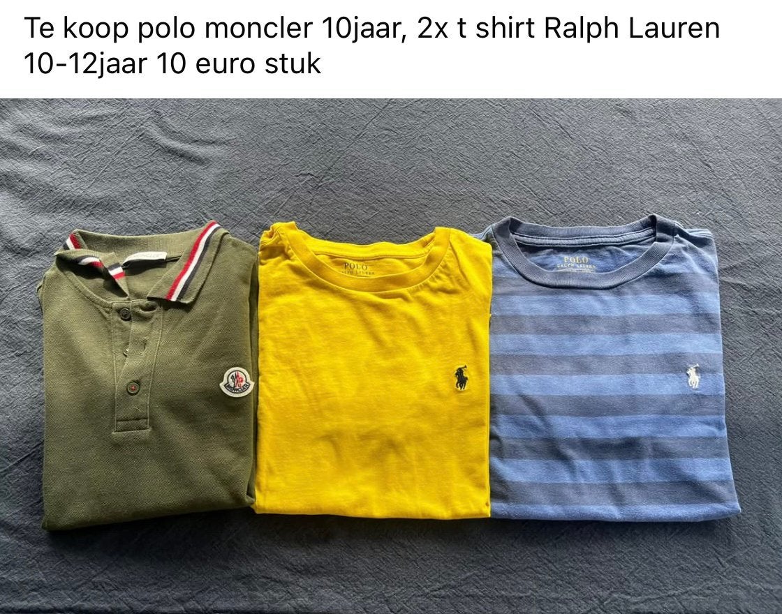 2 t shirt ralph lauren 1 t shirt moncler 10-12j 10E/stuk, Enfants & Bébés, Enlèvement ou Envoi, Comme neuf