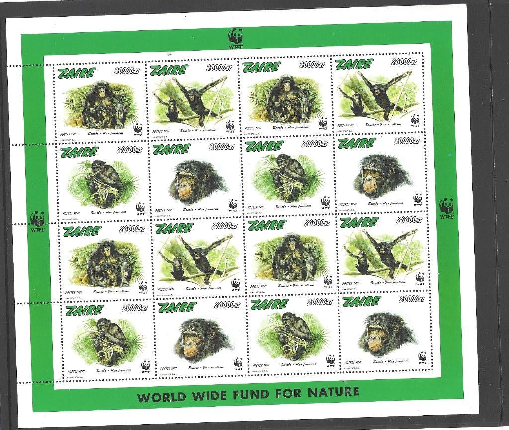 Zaïre 1997 WWF Apen, Bonobo's volledig vel **, Ophalen of Verzenden, Overige landen, Postfris