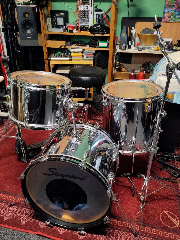 Slingerland COW 70's black/silver badge shellset, Ophalen