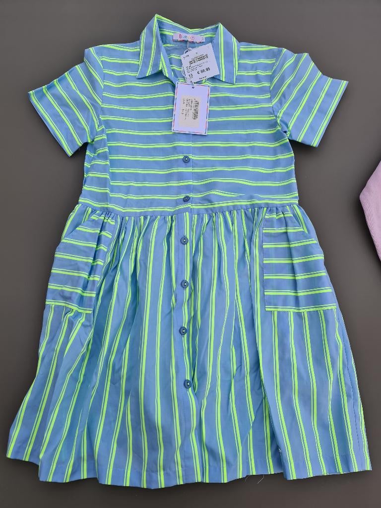 blauw kleedje met groene strepen, Blue Bay, 140 NIEUW, Ophalen, Zo goed als nieuw
