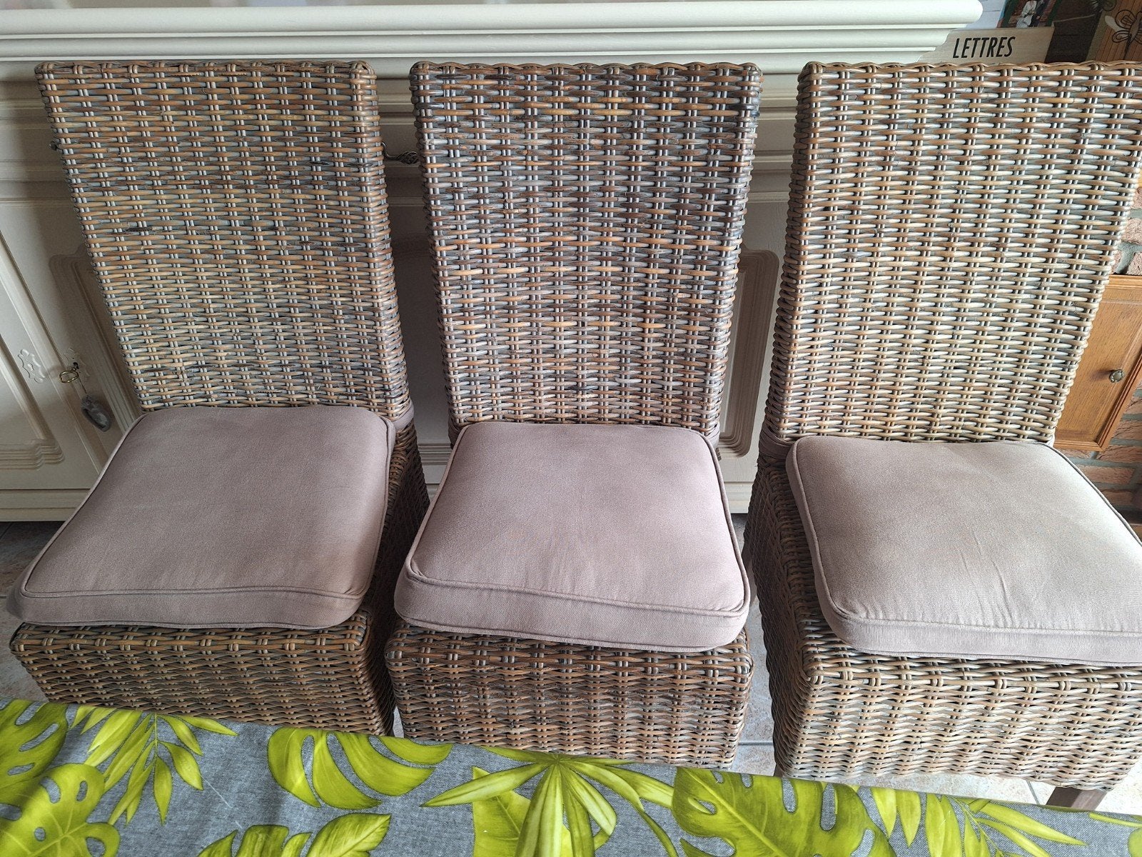 6 chaises en rotin brun gris avec coussins nickel, Jardin & Terrasse, Enlèvement, Rotin