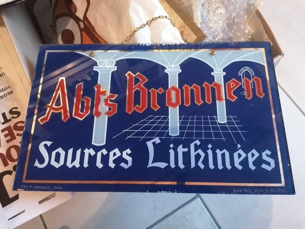 +++  Glasplaat Abts  Bronnen  Sources  Litkinées +++( 1952 ), Verzamelen, Merken en Reclamevoorwerpen, Ophalen of Verzenden, Gebruikt