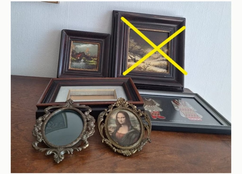 Lot Antieke kaders (brons, hout enz)met schilderen in 1 koop, Enlèvement ou Envoi, Sous verre