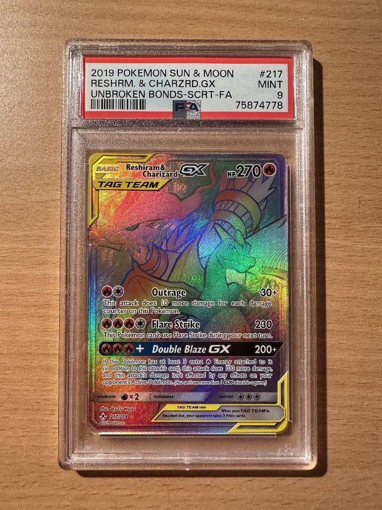 Reshiram & Charizard Gx Secret Rare - Unbroken Bonds PSA 9, Ophalen of Verzenden, Nieuw, Losse kaart