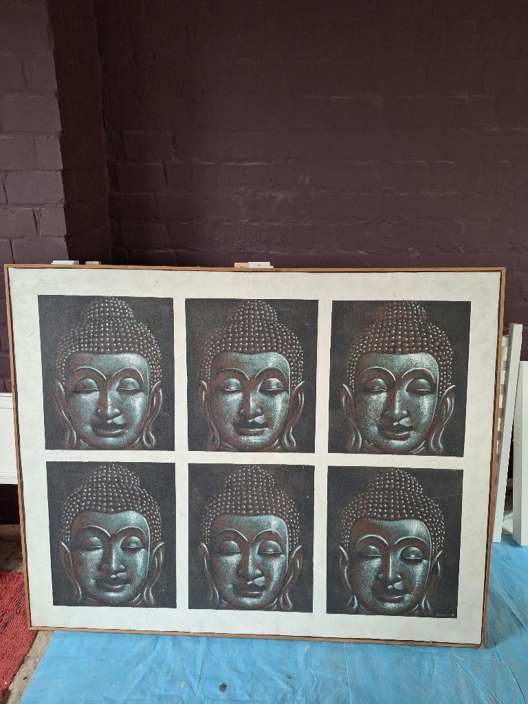 Schilderij op doek met omlijsting in Teakhout, Antiek en Kunst, Ophalen