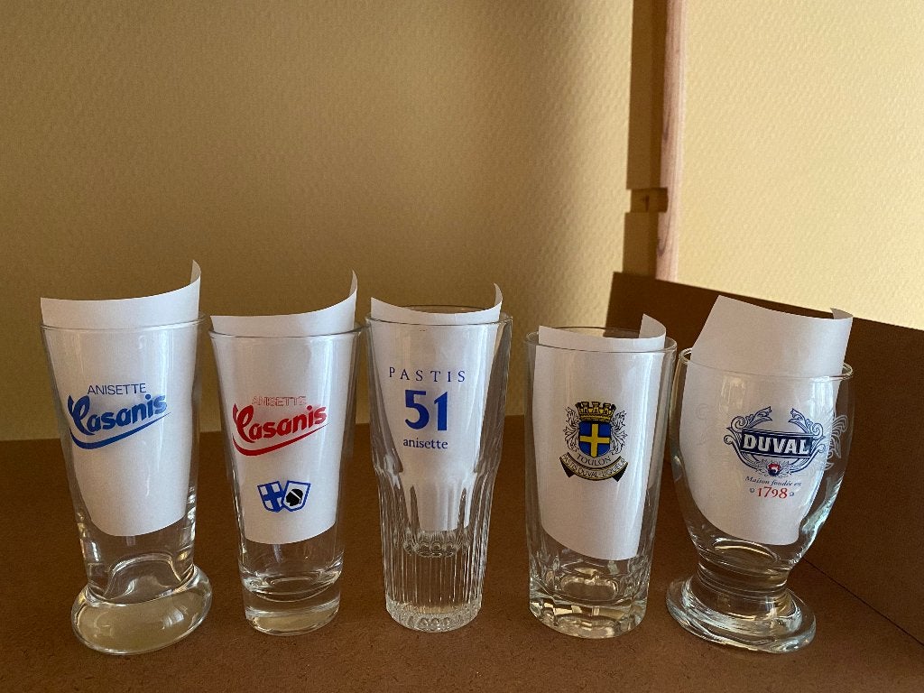 Lot de 5 verres de pastis (CASANIS, 51, DUVAL), Ophalen of Verzenden, Zo goed als nieuw, Borrel- of Shotglas