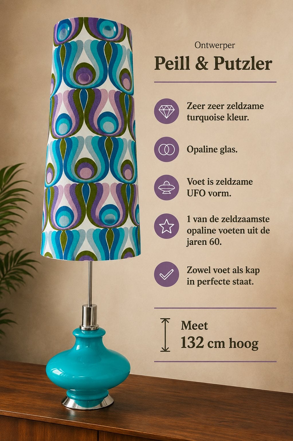 Zeldzame vloerlamp / Turquoise / Vintage, Ophalen, Zo goed als nieuw, Glas