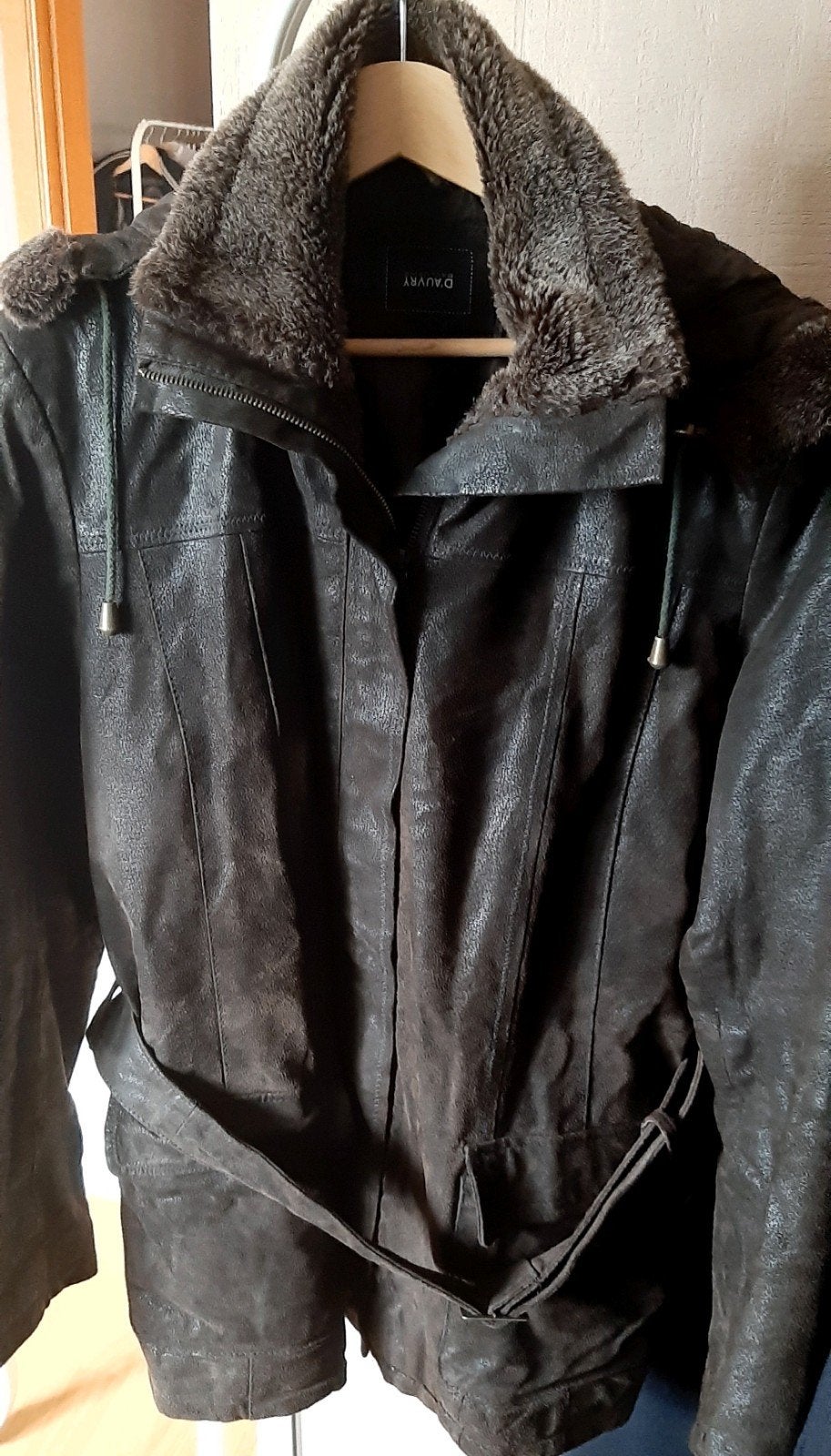 Jas met kap in suède leder, donkerbruin, Ophalen, Bruin, Maat 42/44 (L), D'Auvry
