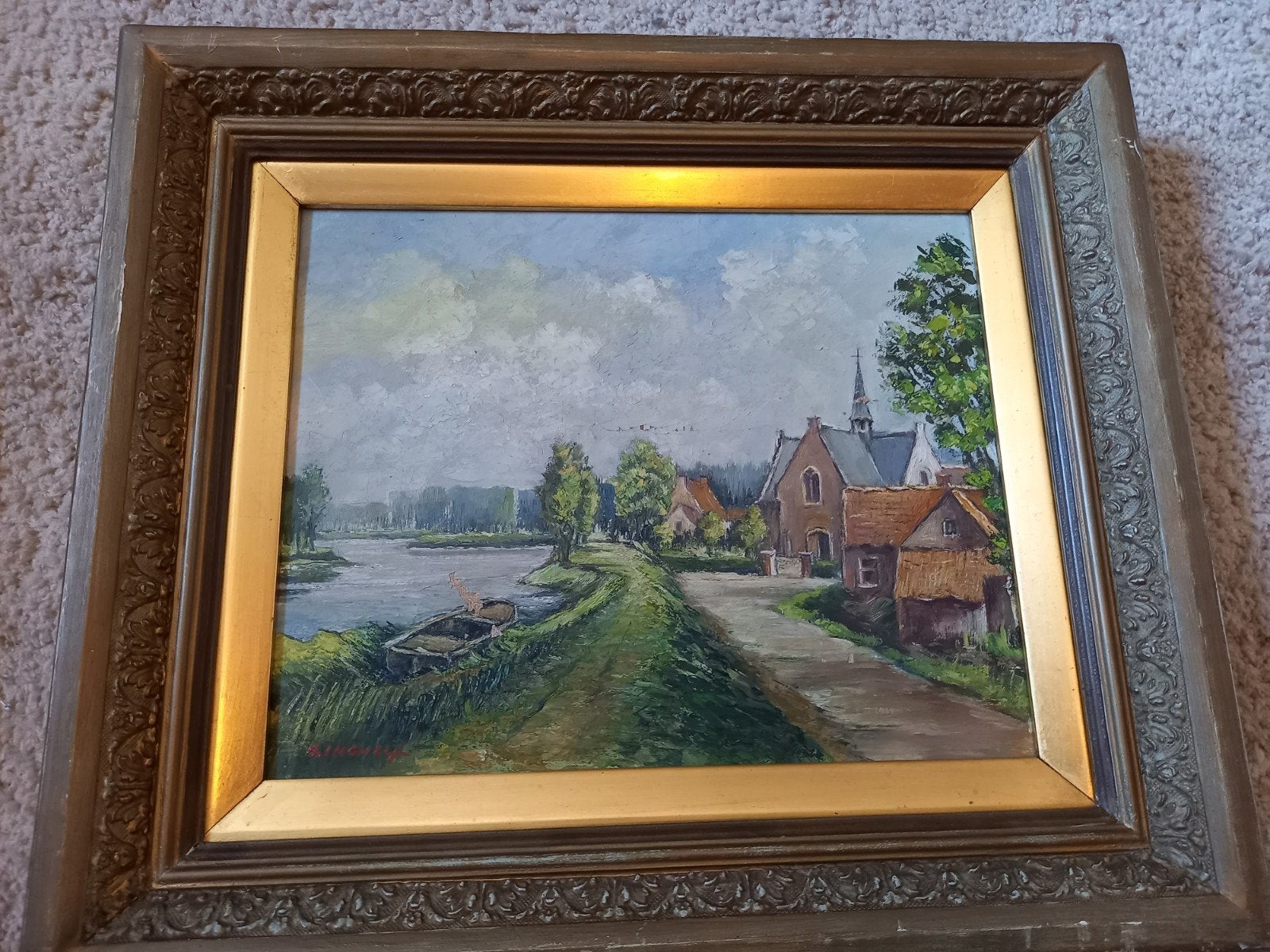 Peinture à l'huile ancienne atmosphérique — Une vue du villa, Enlèvement ou Envoi, Peinture à l'huile, Signé, Toile