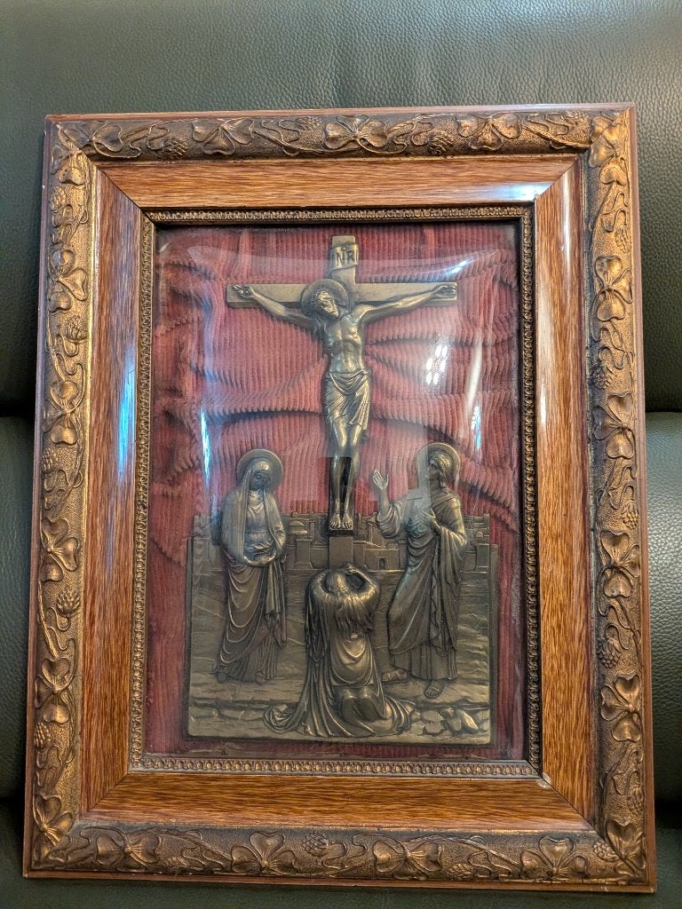 19de eeuws, religieus reliëf, kruisiging Christus, bol glas, Ophalen of Verzenden