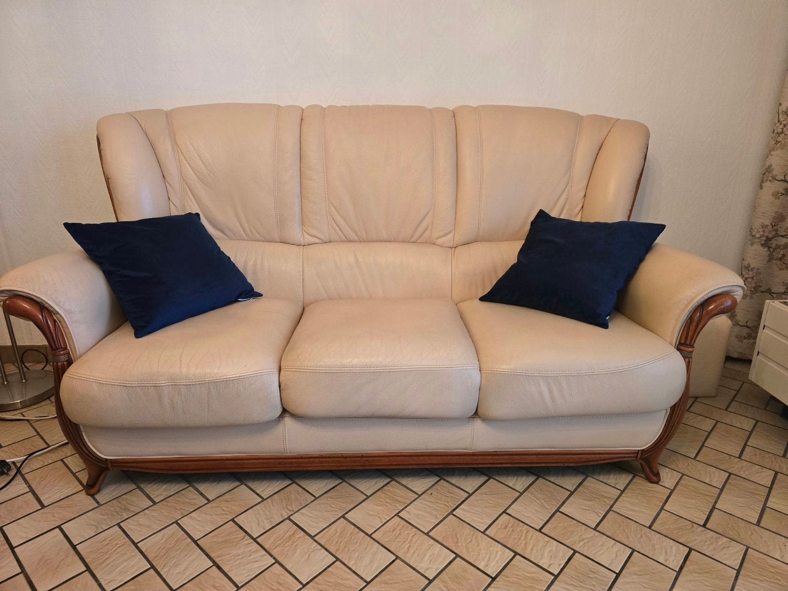 salon cuir beige, garniture bois, Enlèvement, Comme neuf, Bois