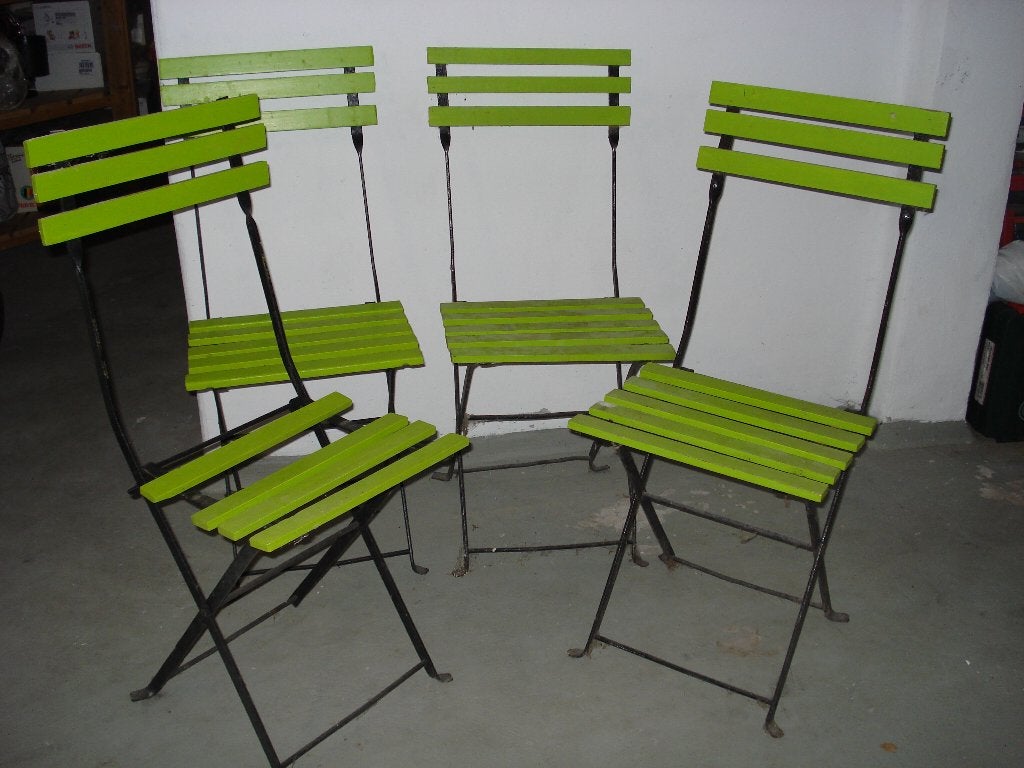 4 retro bistro klapstoelen, Ophalen, Gebruikt, Metaal, Inklapbaar