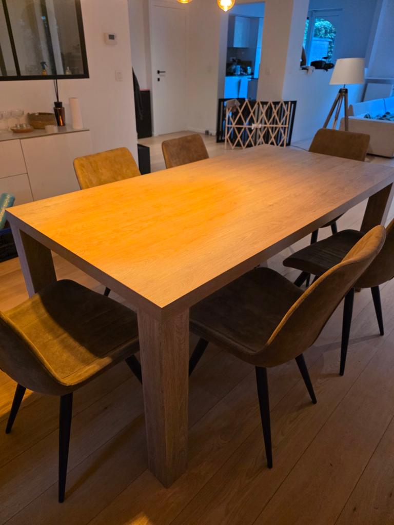 Table à manger en bois avec 6 chaises couleur taupe, 150 à 200 cm, Cinq personnes ou plus, Comme neuf, Enlèvement