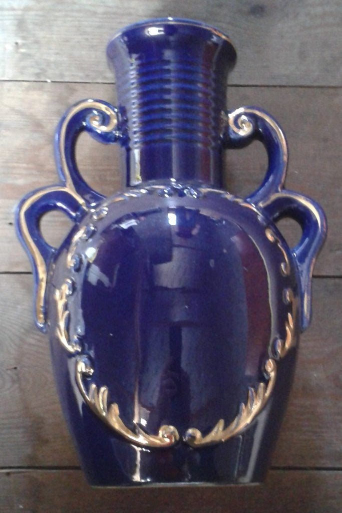 Grand vase vintage — bleu cobalt avec or — Belge, Comme neuf, Enlèvement, Pierre/céramique, Avec poignée