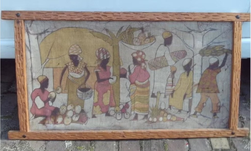 Belle œuvre d'art africaine sur toile - Signée - 102x62, Antiquités & Art, Enlèvement ou Envoi, Tableau, Signé, Textile